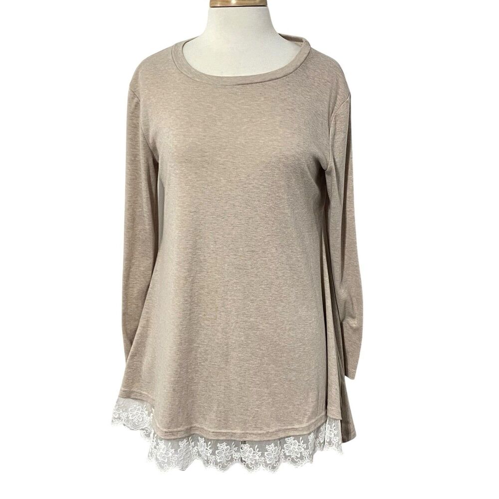WEKILI Tan Long Sleeve M Lace A-line Tunic Top Light Brown Women Pullover Knit
